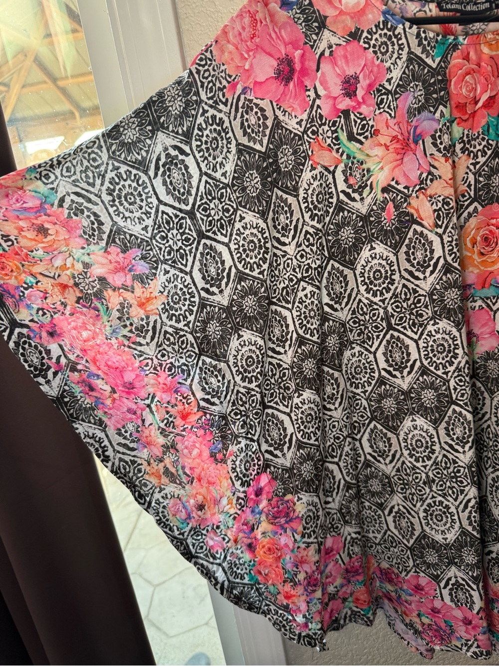 Tolani Black Mosaic Blouse with Pink Floral Border